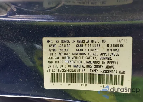 2013 Honda Accord Ex-L z USA, uszkodzony, nr VIN 1HGCR2F83DA050792